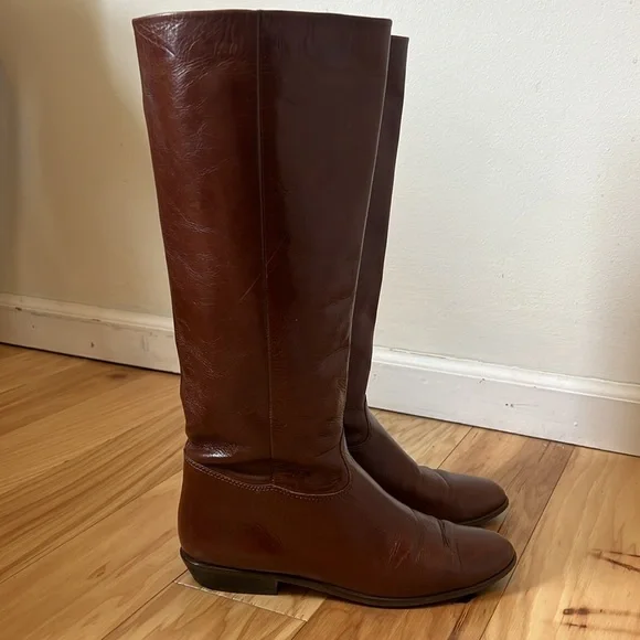 Vintage Nine West Q-Louisa 2 Brown Leather Flat Riding Boots Women’s Size 7.5 - Picture 2 of 14